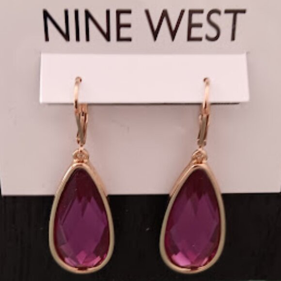 NINE WEST Mod/Contemporary Gold Purple Crystal Teardrop Earrings**NEW! - Picture 2 of 4